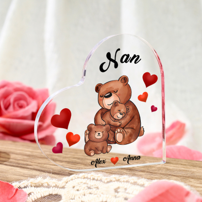 Personalised Heart-Shaped Acrylic Plaque Customizable with 2 Names and Text with Bear Design -  For Nan | Jessmade
