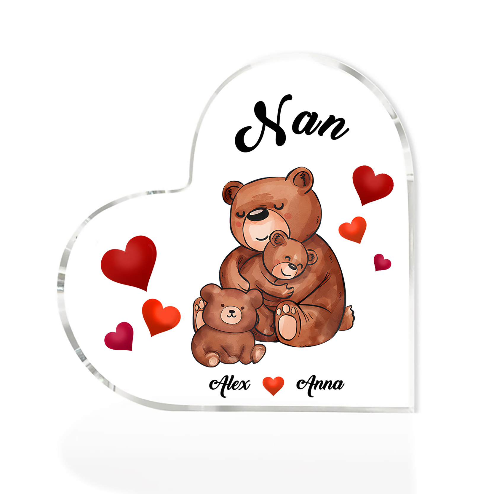 Personalised Heart-Shaped Acrylic Plaque Customizable with 2 Names and Text with Bear Design -  For Nan | Jessmade