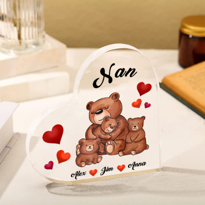 Personalised Heart-Shaped Acrylic Plaque Customizable with 3 Names and Text with Bear Design -  For Nan | Jessmade