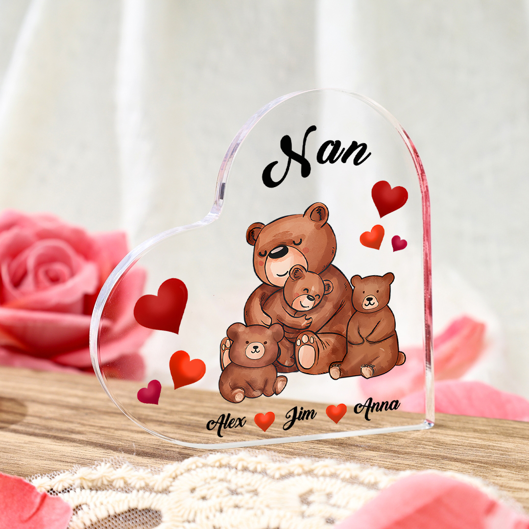 Personalised Heart-Shaped Acrylic Plaque Customizable with 3 Names and Text with Bear Design -  For Nan | Jessmade