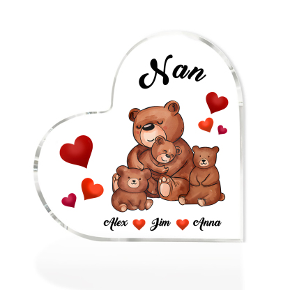 Personalised Heart-Shaped Acrylic Plaque Customizable with 3 Names and Text with Bear Design -  For Nan | Jessmade