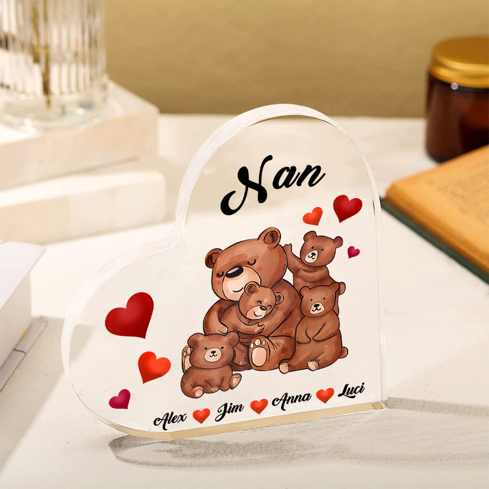 Personalised Heart-Shaped Acrylic Plaque Customizable with 4 Names and Text with Bear Design -  For Nan | Jessmade