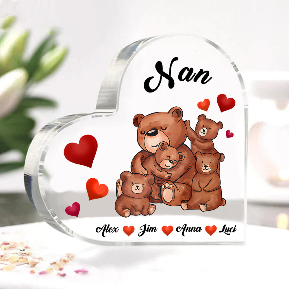 Personalised Heart-Shaped Acrylic Plaque Customizable with 4 Names and Text with Bear Design -  For Nan | Jessmade