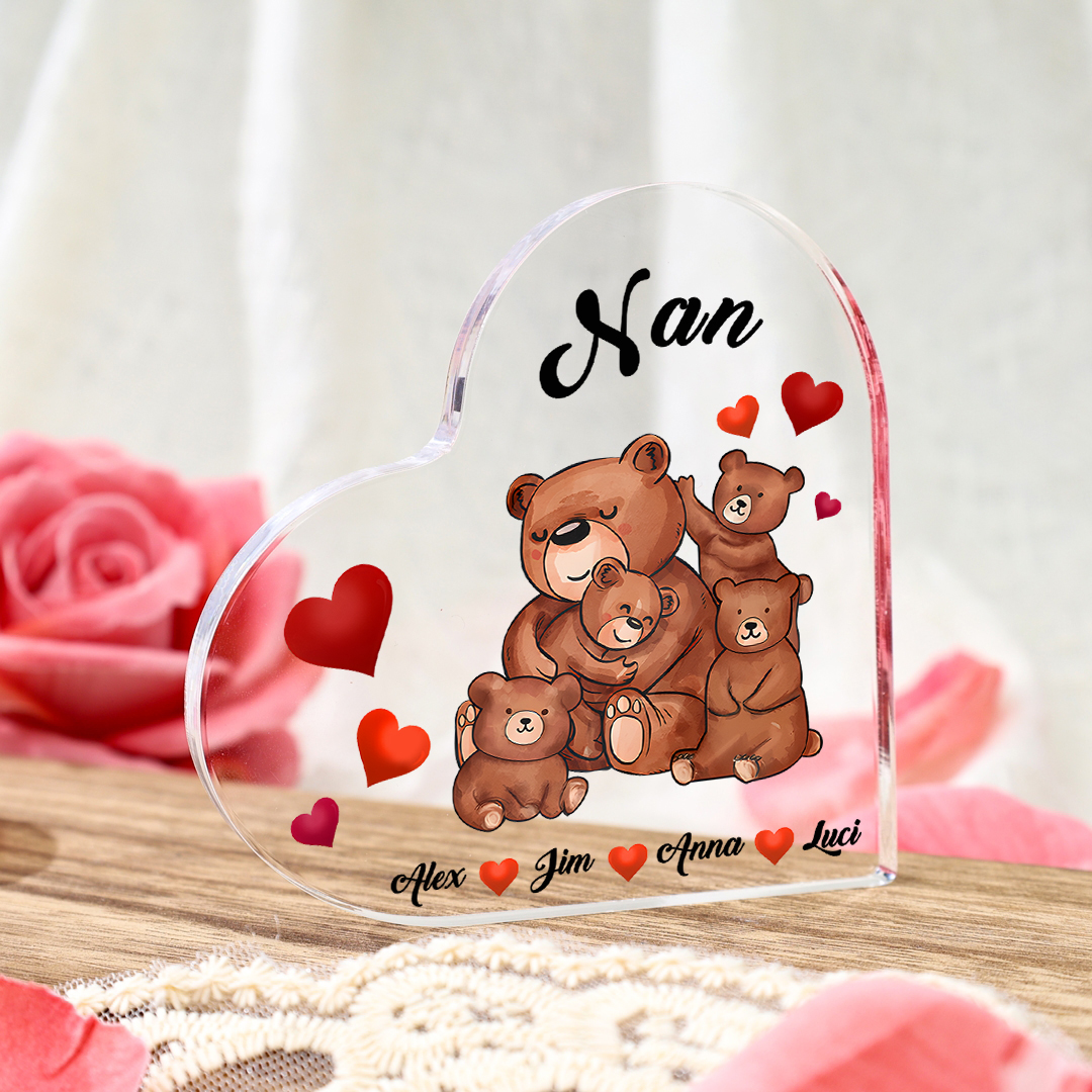 Personalised Heart-Shaped Acrylic Plaque Customizable with 4 Names and Text with Bear Design -  For Nan | Jessmade
