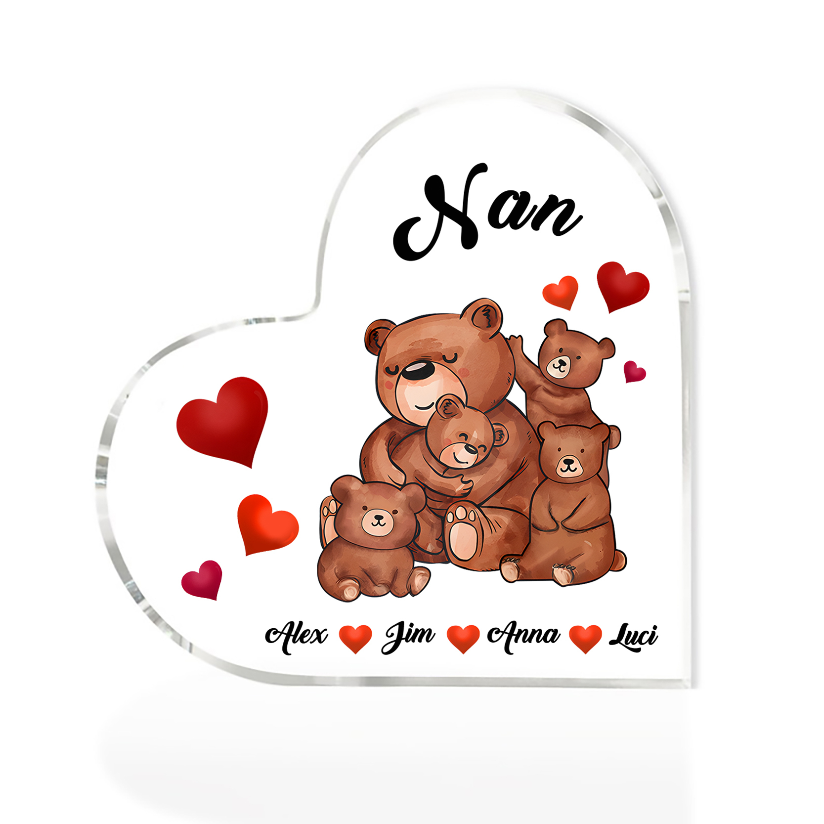 Personalised Heart-Shaped Acrylic Plaque Customizable with 4 Names and Text with Bear Design -  For Nan | Jessmade
