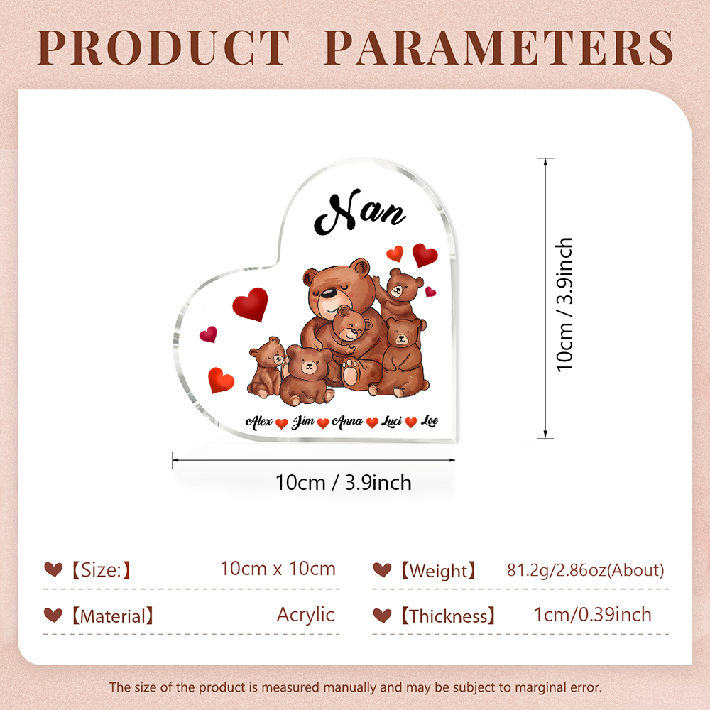 Personalised Heart-Shaped Acrylic Plaque Customizable with 5 Names and Text with Bear Design -  For Nan | Jessmade