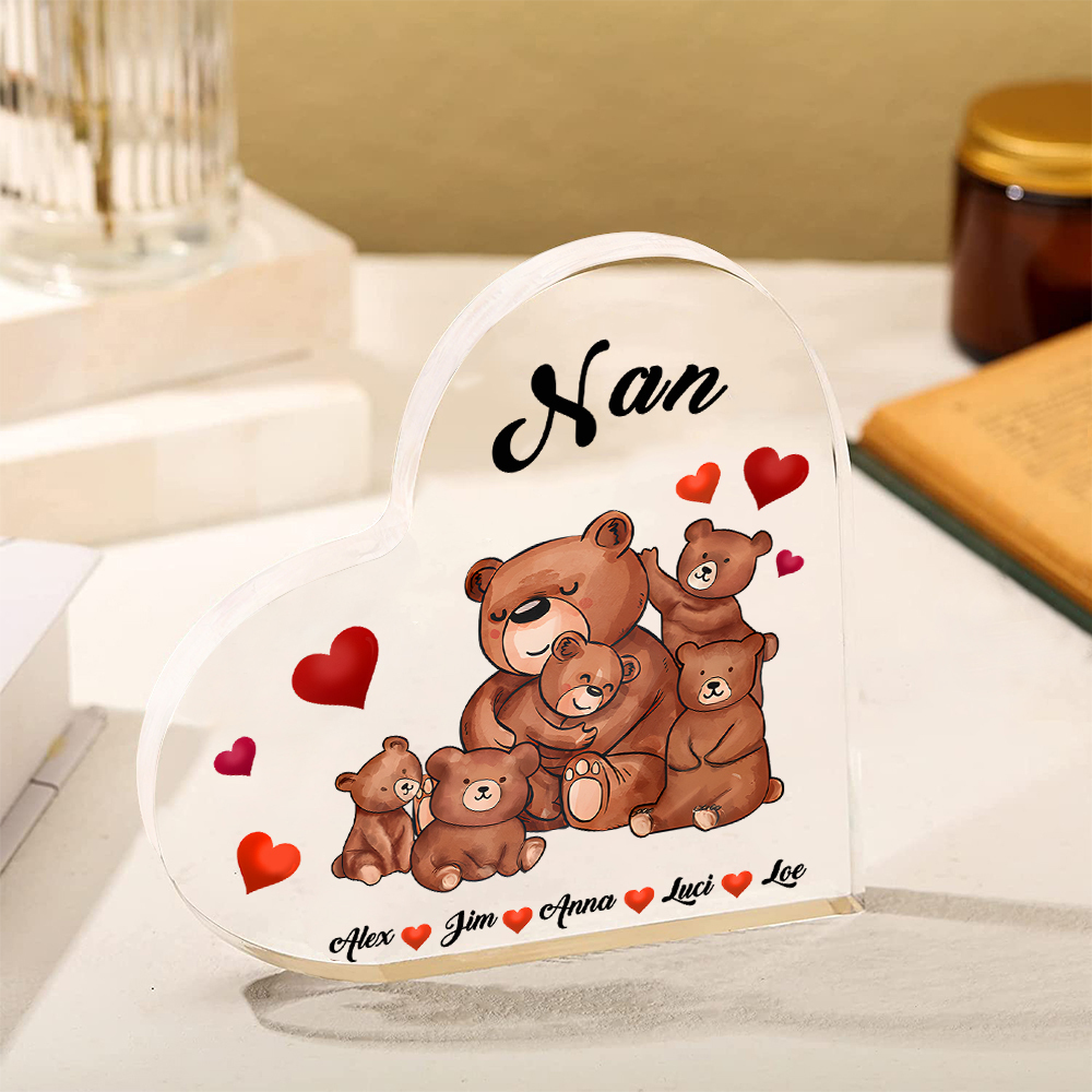 Personalised Heart-Shaped Acrylic Plaque Customizable with 5 Names and Text with Bear Design -  For Nan | Jessmade