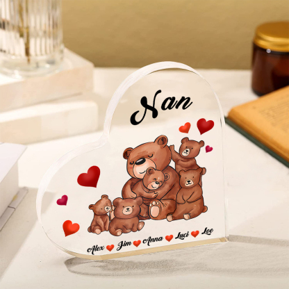 Personalised Heart-Shaped Acrylic Plaque Customizable with 5 Names and Text with Bear Design -  For Nan | Jessmade