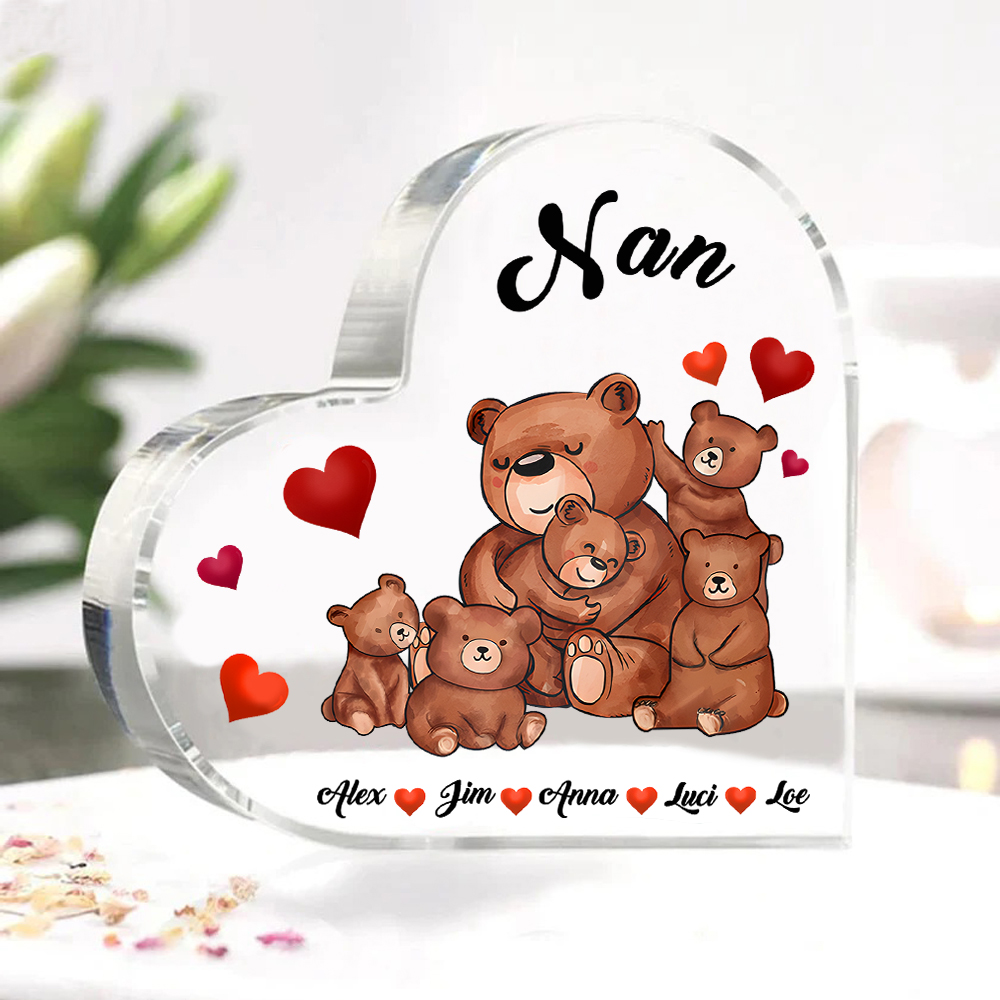 Personalised Heart-Shaped Acrylic Plaque Customizable with 5 Names and Text with Bear Design -  For Nan | Jessmade