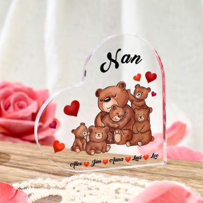 Personalised Heart-Shaped Acrylic Plaque Customizable with 5 Names and Text with Bear Design -  For Nan | Jessmade