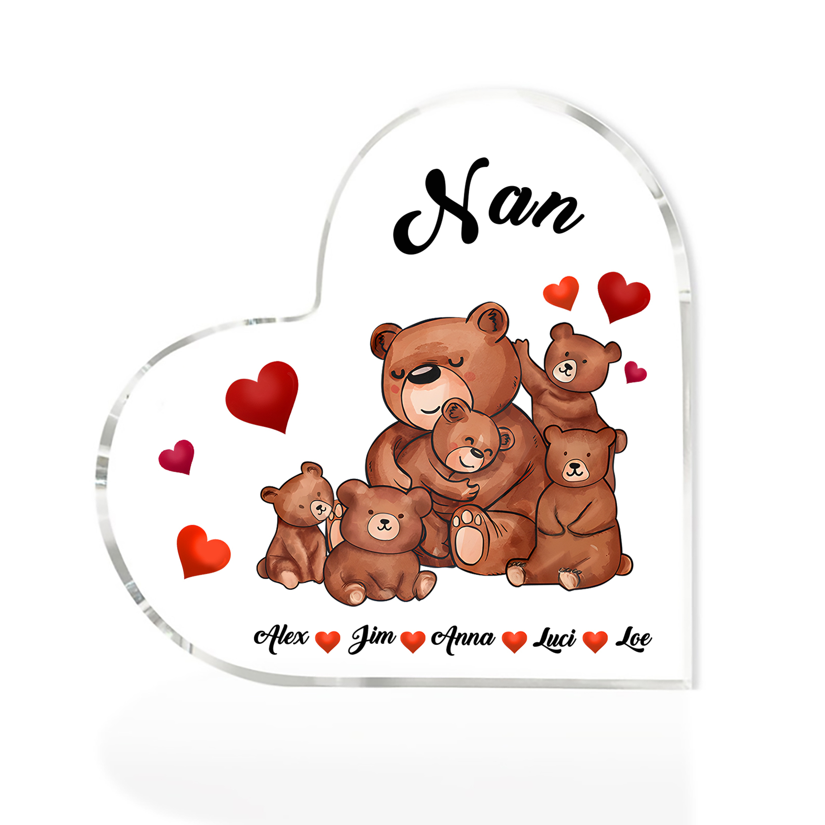 Personalised Heart-Shaped Acrylic Plaque Customizable with 5 Names and Text with Bear Design -  For Nan | Jessmade