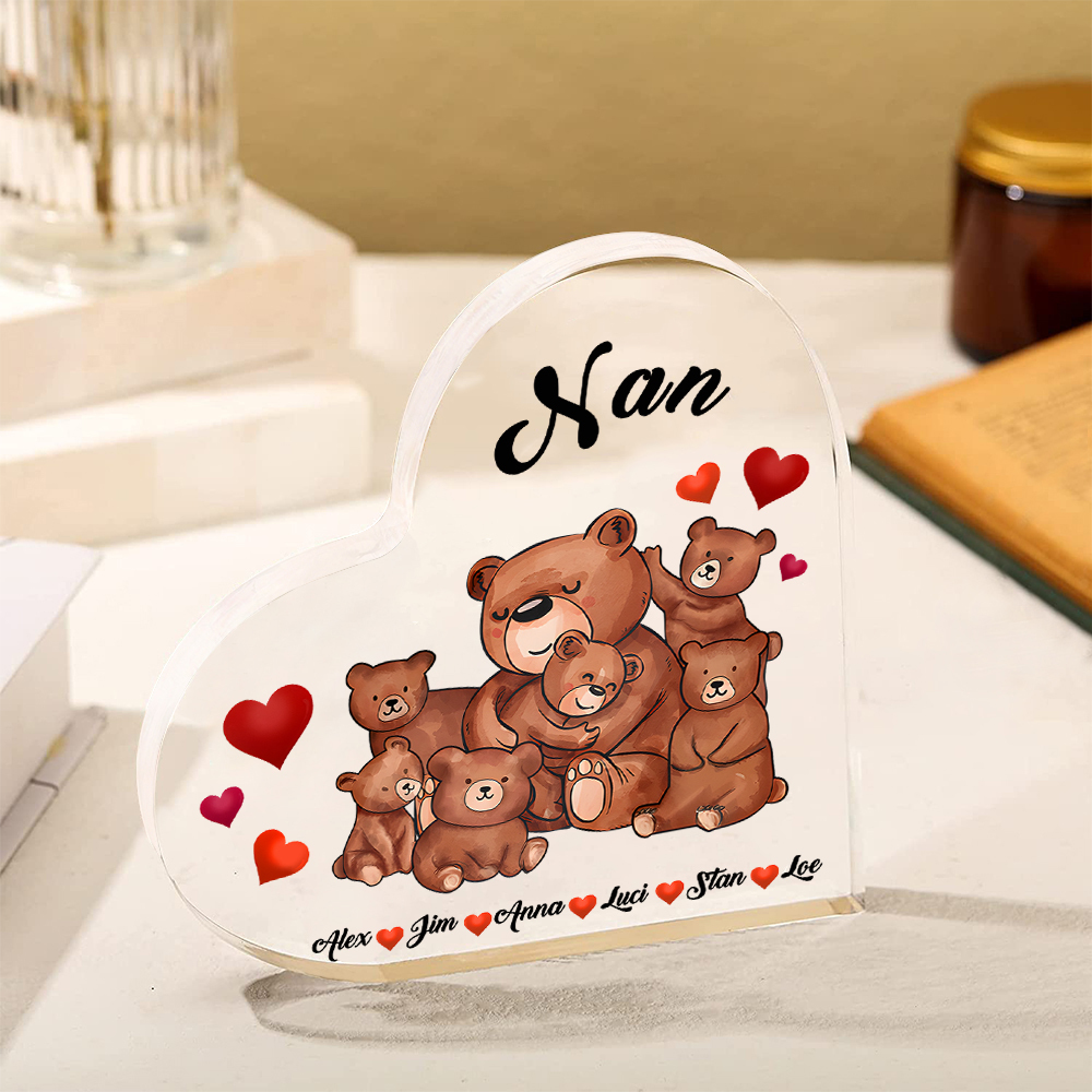 Personalised Heart-Shaped Acrylic Plaque Customizable with 6 Names and Text with Bear Design -  For Nan | Jessmade