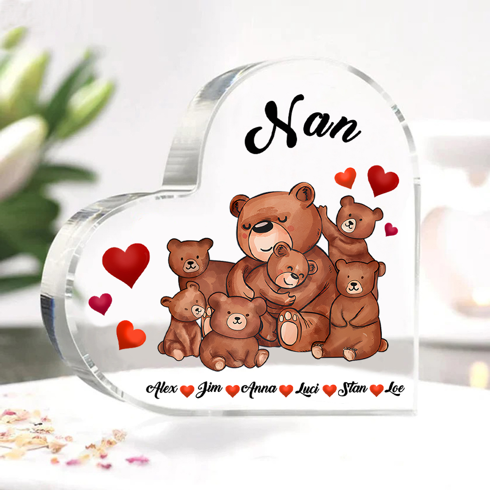 Personalised Heart-Shaped Acrylic Plaque Customizable with 6 Names and Text with Bear Design -  For Nan | Jessmade