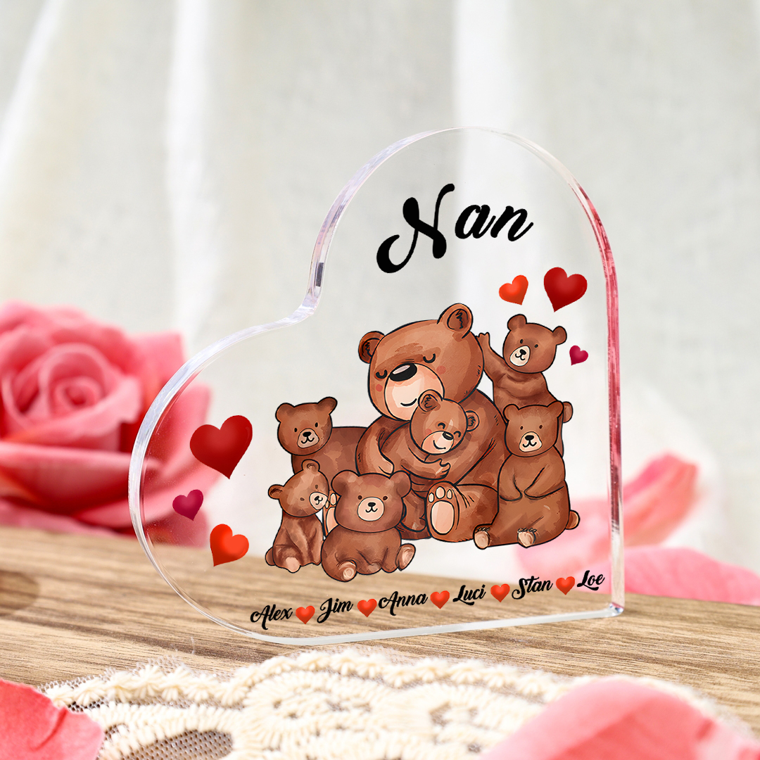 Personalised Heart-Shaped Acrylic Plaque Customizable with 6 Names and Text with Bear Design -  For Nan | Jessmade