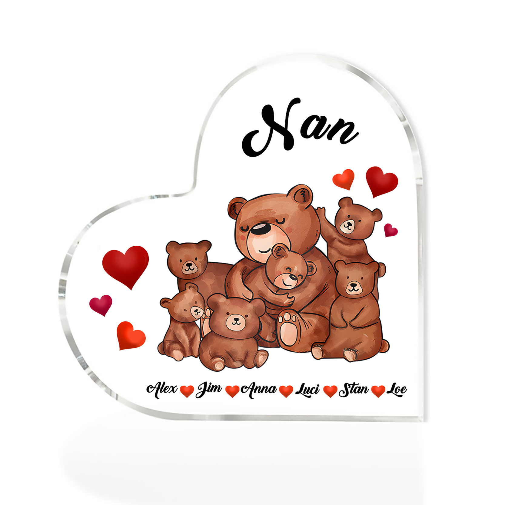 Personalised Heart-Shaped Acrylic Plaque Customizable with 6 Names and Text with Bear Design -  For Nan | Jessmade