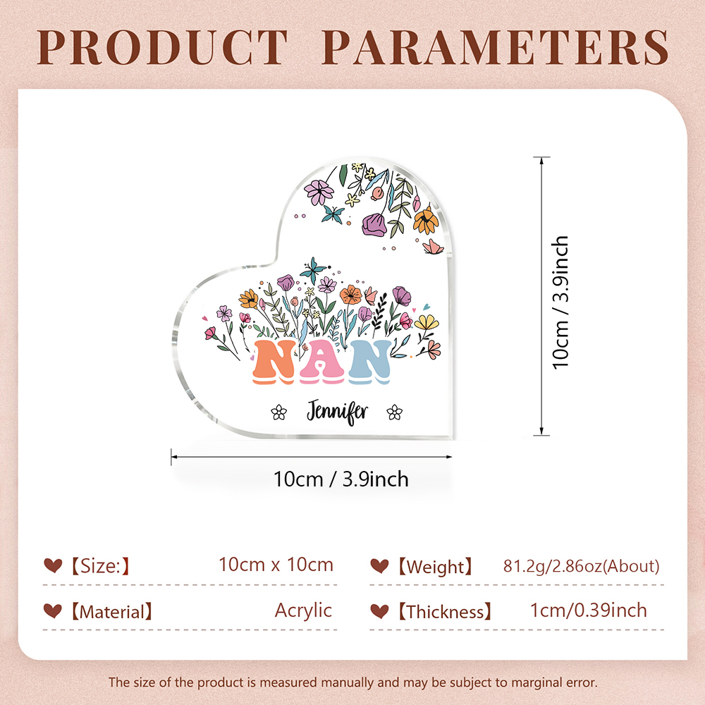 Personalised Heart-Shaped Acrylic Plaque with Custom 1 Name Floral Design - Gift for Nan | Jessmade