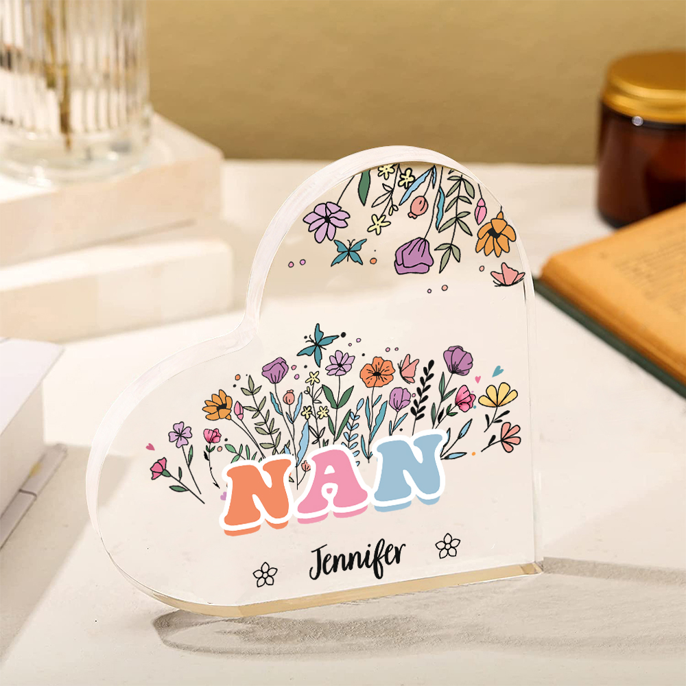 Personalised Heart-Shaped Acrylic Plaque with Custom 1 Name Floral Design - Gift for Nan | Jessmade