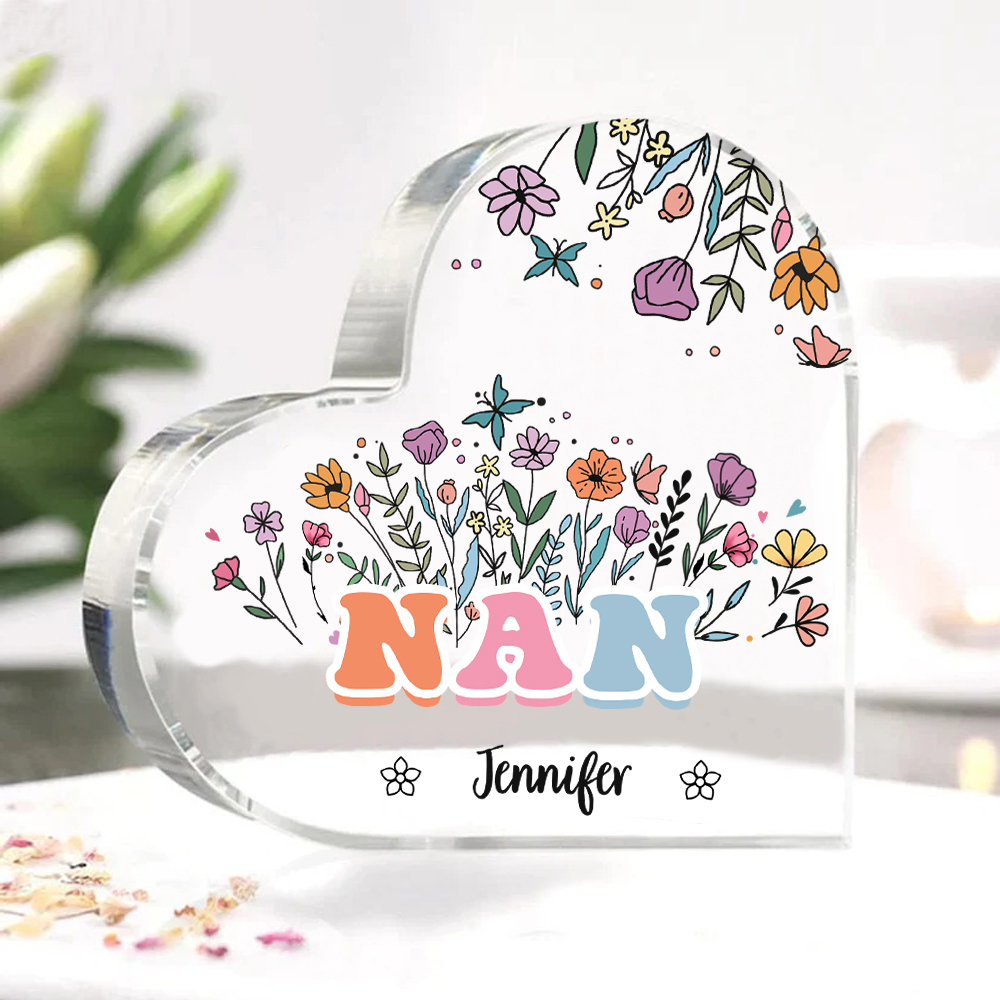 Personalised Heart-Shaped Acrylic Plaque with Custom 1 Name Floral Design - Gift for Nan | Jessmade