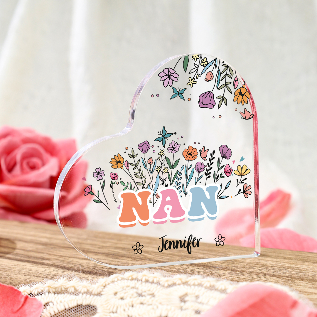 Personalised Heart-Shaped Acrylic Plaque with Custom 1 Name Floral Design - Gift for Nan | Jessmade