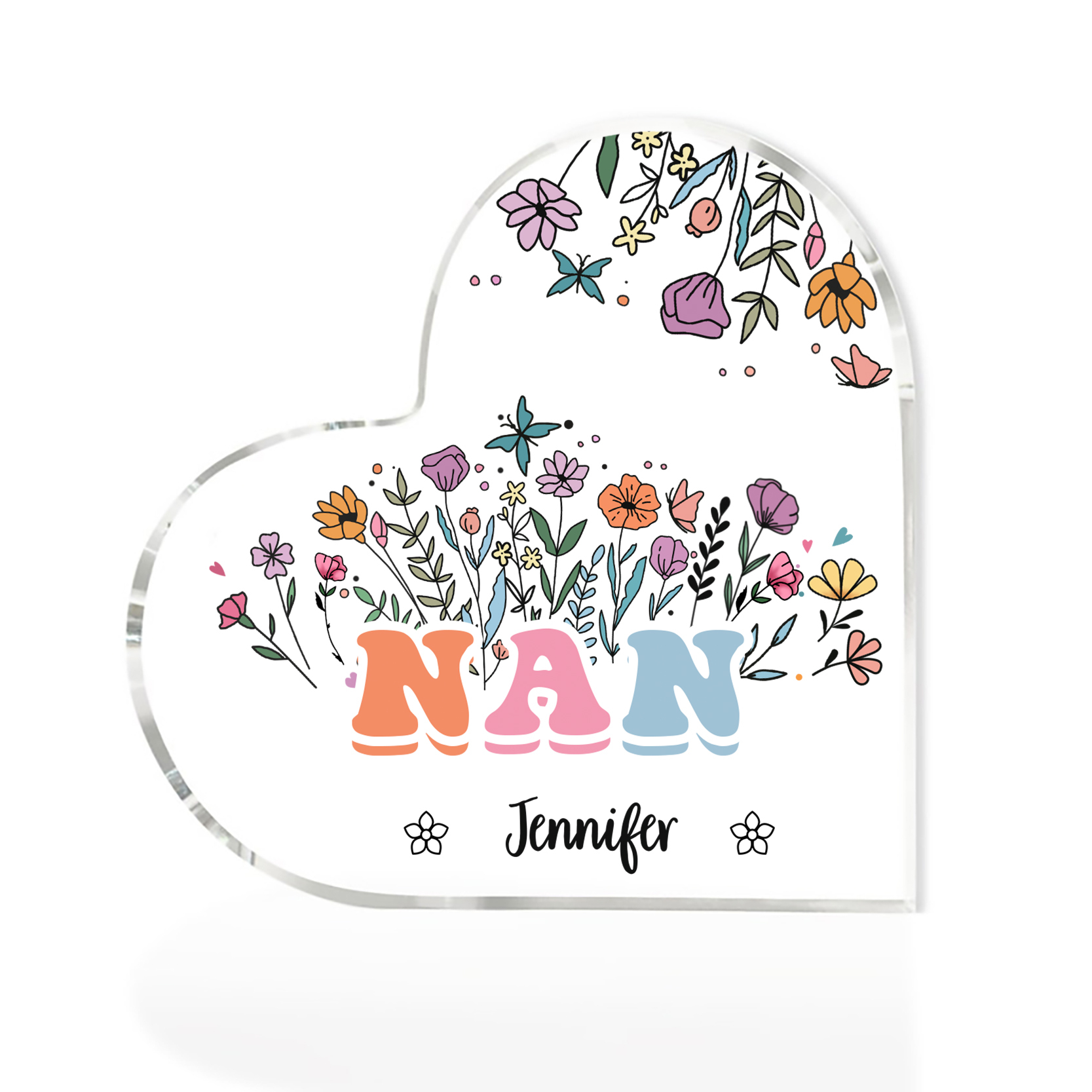 Personalised Heart-Shaped Acrylic Plaque with Custom 1 Name Floral Design - Gift for Nan | Jessmade