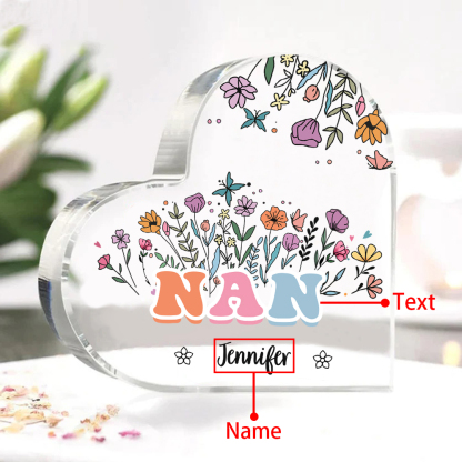 Personalised Heart-Shaped Acrylic Plaque with Custom 1 Name Floral Design - Gift for Nan | Jessmade