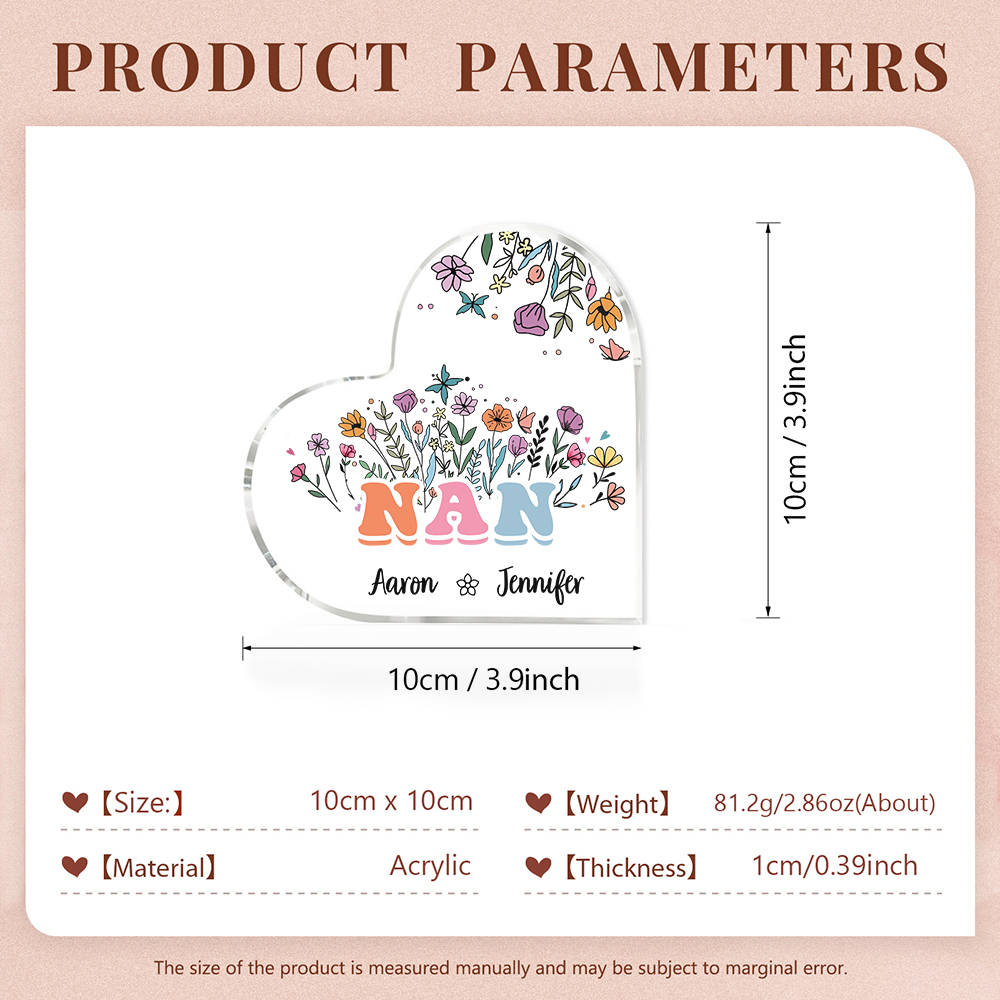Personalised Heart-Shaped Acrylic Plaque with Custom 2 Names Floral Design - Gift for Nan | Jessmade