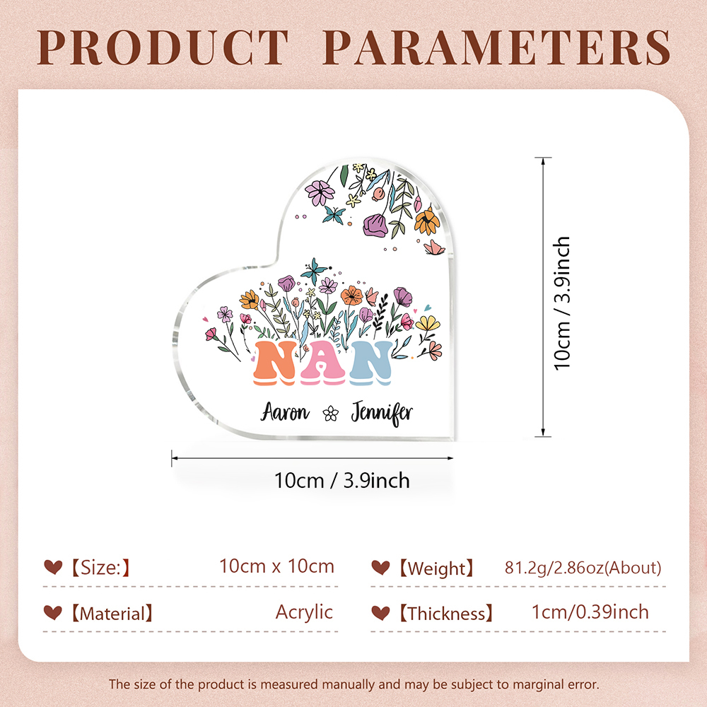 Personalised Heart-Shaped Acrylic Plaque with Custom 2 Names Floral Design - Gift for Nan | Jessmade