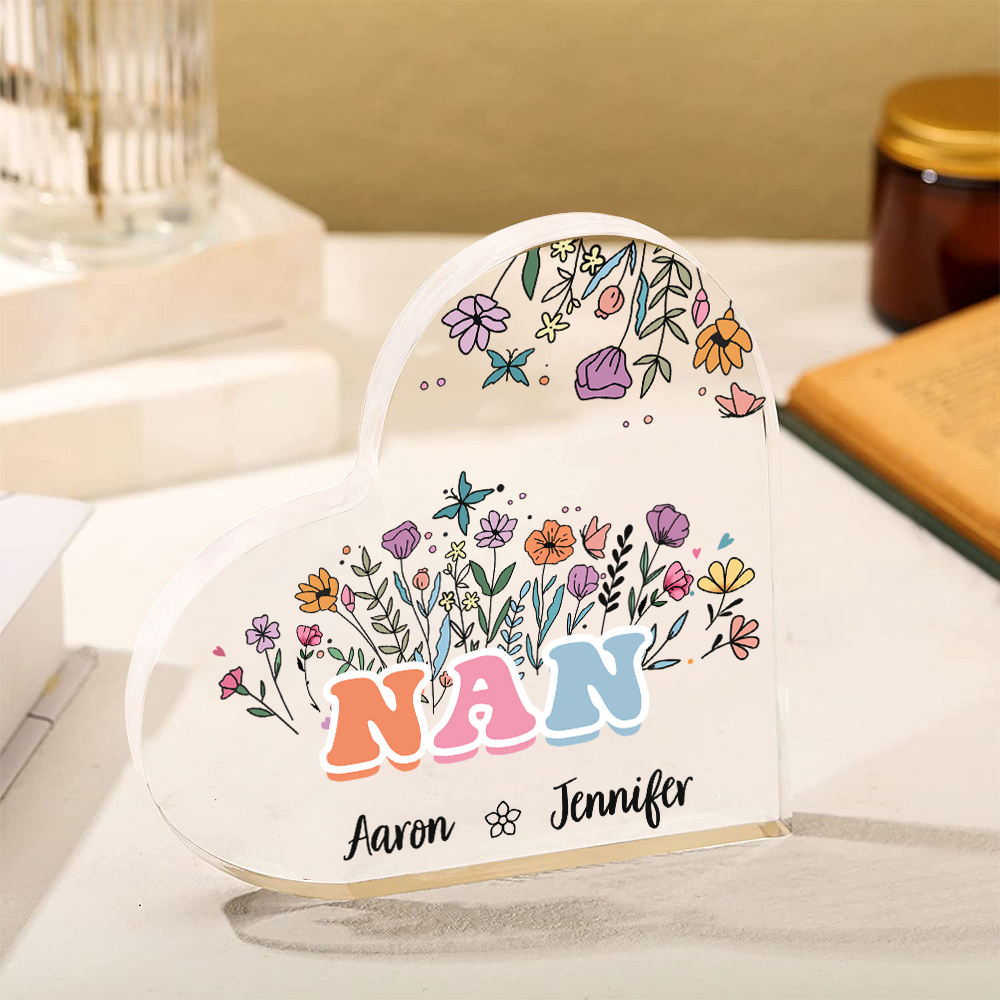 Personalised Heart-Shaped Acrylic Plaque with Custom 2 Names Floral Design - Gift for Nan | Jessmade