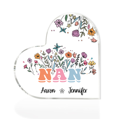 Personalised Heart-Shaped Acrylic Plaque with Custom 2 Names Floral Design - Gift for Nan | Jessmade
