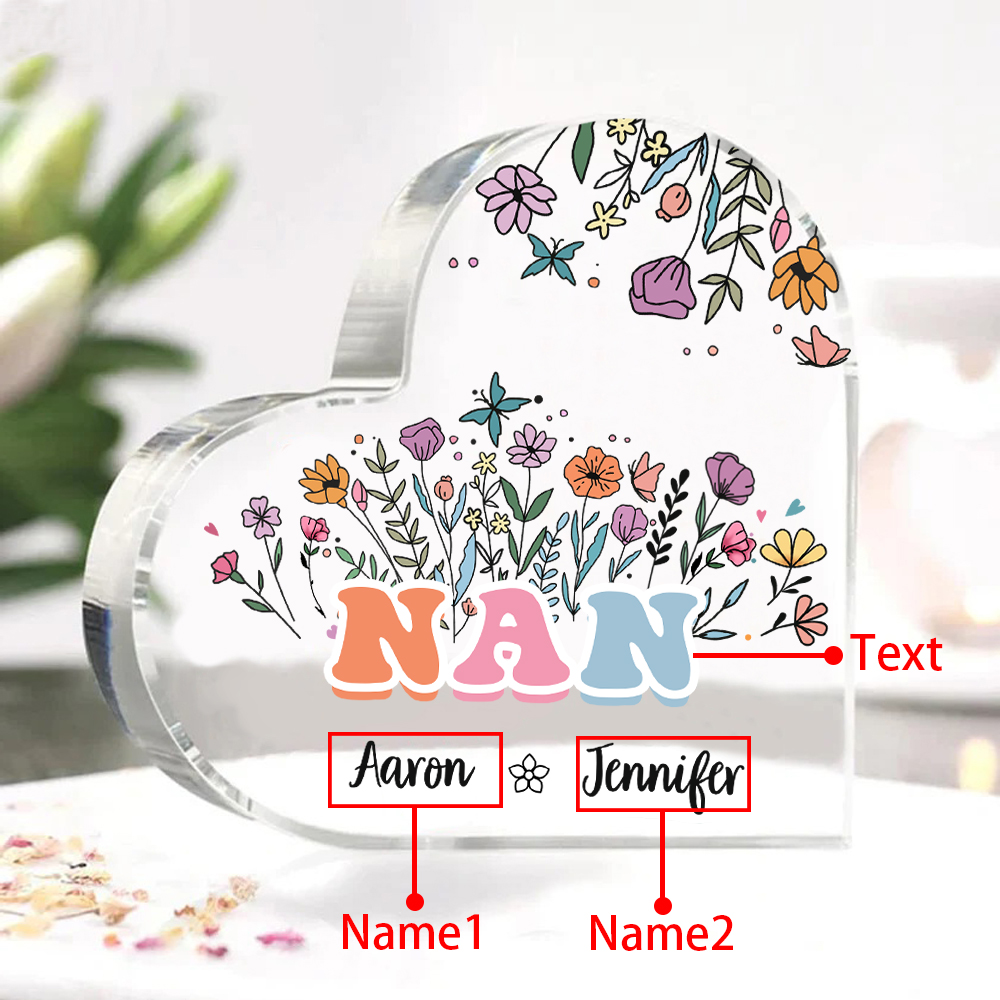 Personalised Heart-Shaped Acrylic Plaque with Custom 2 Names Floral Design - Gift for Nan | Jessmade