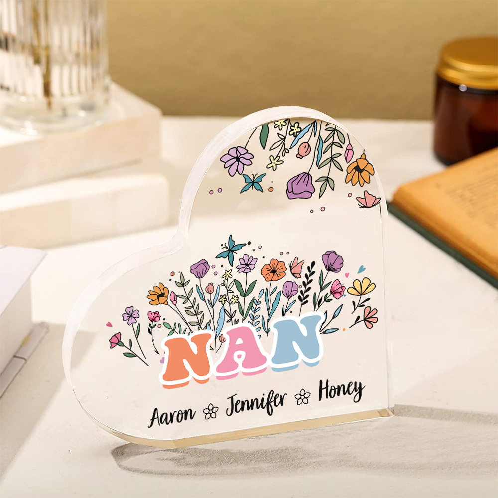 Personalised Heart-Shaped Acrylic Plaque with Custom 3 Names Floral Design - Gift for Nan | Jessmade