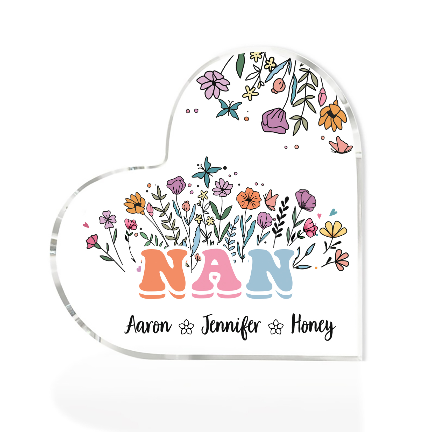 Personalised Heart-Shaped Acrylic Plaque with Custom 3 Names Floral Design - Gift for Nan | Jessmade