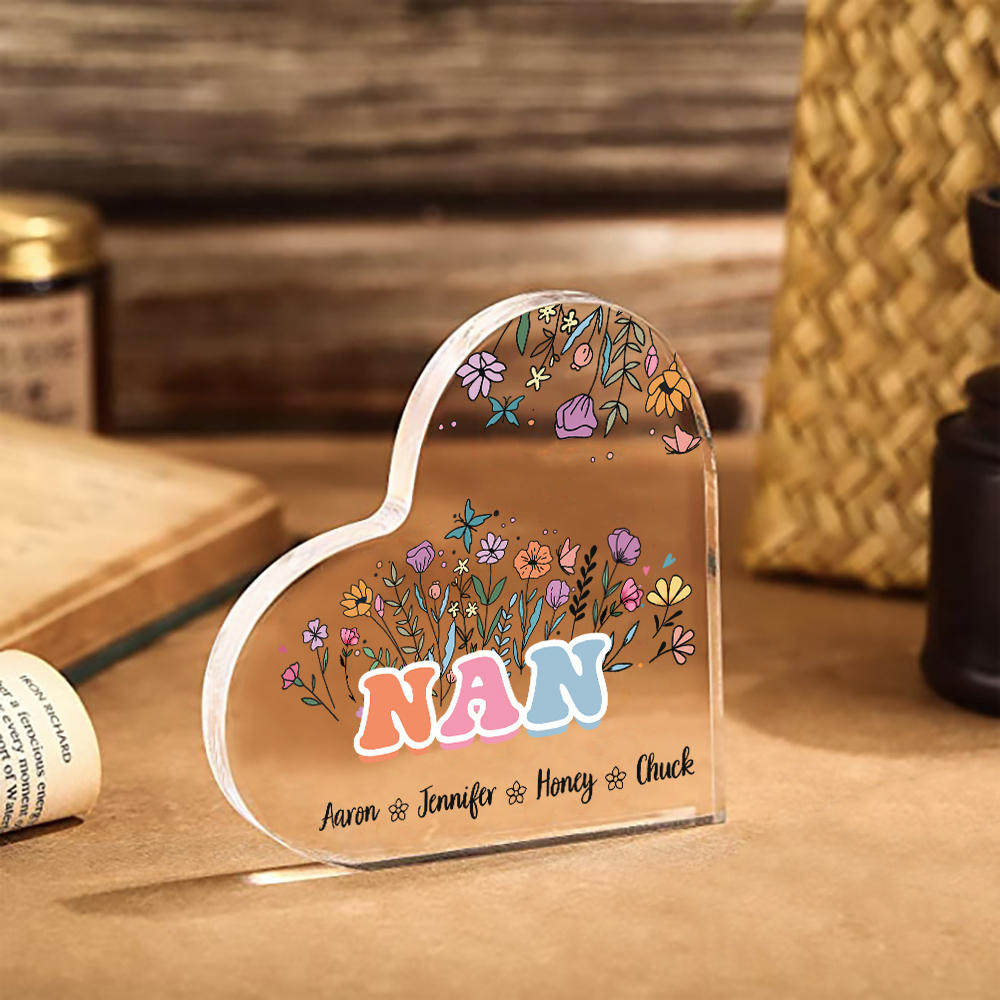 Personalised Heart-Shaped Acrylic Plaque with Custom 4 Names Floral Design - Gift for Nan | Jessmade