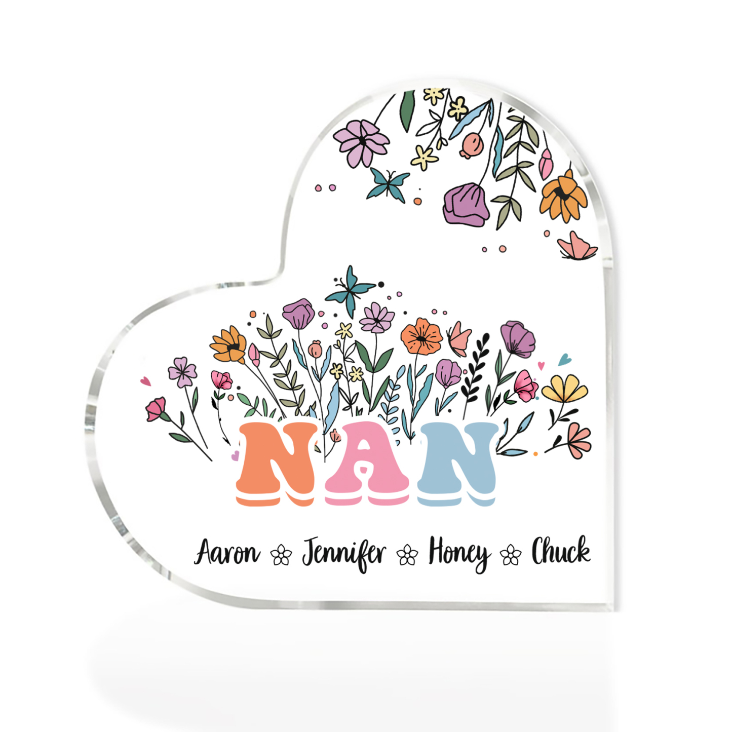 Personalised Heart-Shaped Acrylic Plaque with Custom 4 Names Floral Design - Gift for Nan | Jessmade