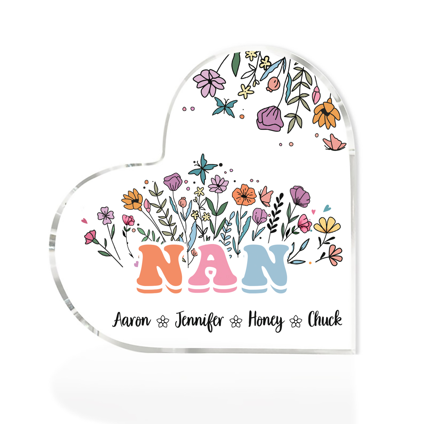 Personalised Heart-Shaped Acrylic Plaque with Custom 4 Names Floral Design - Gift for Nan | Jessmade