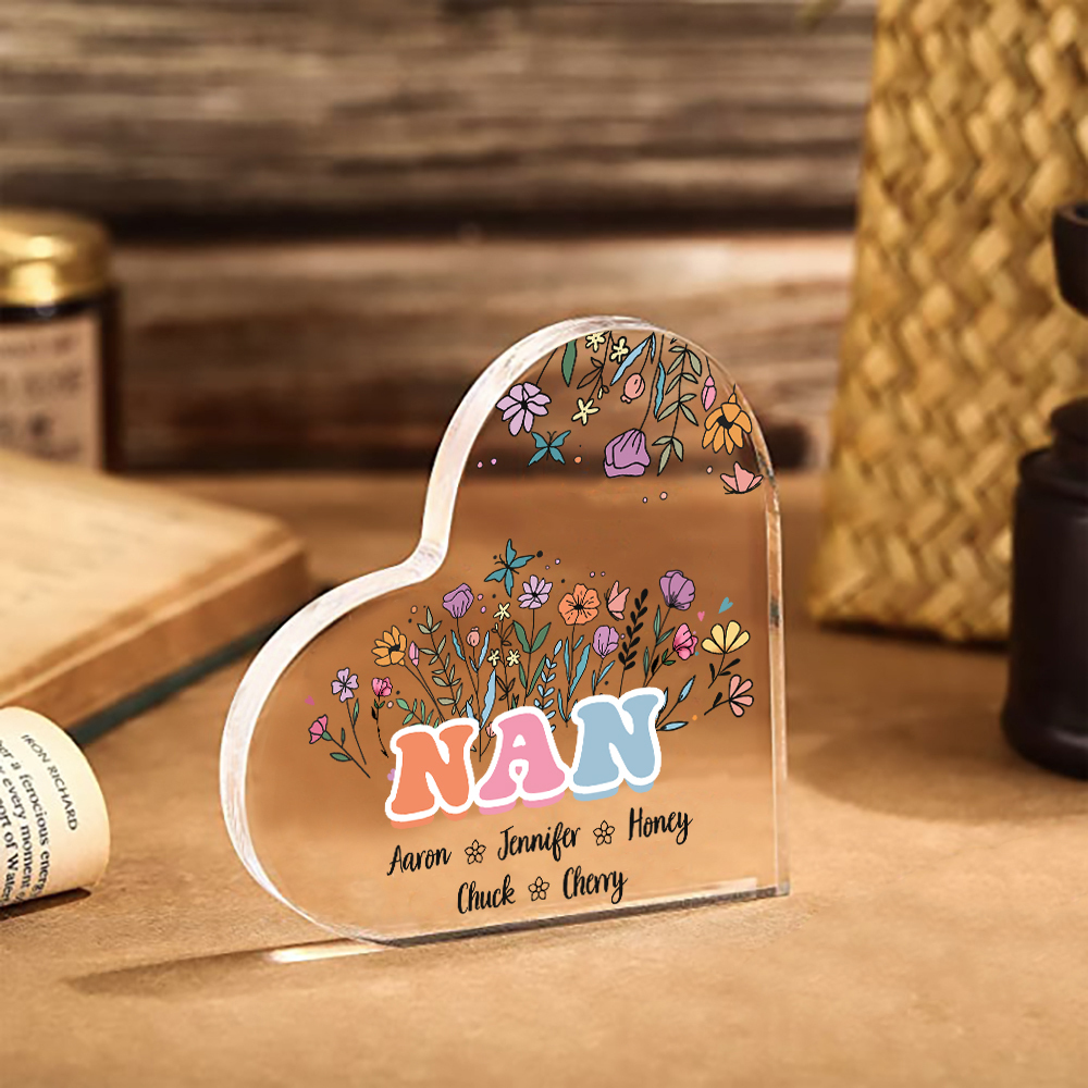 Personalised Heart-Shaped Acrylic Plaque with Custom 5 Names Floral Design - Gift for Nan | Jessmade