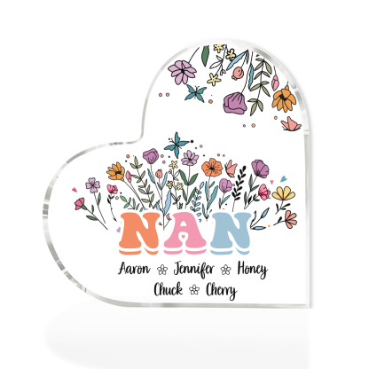 Personalised Heart-Shaped Acrylic Plaque with Custom 5 Names Floral Design - Gift for Nan | Jessmade
