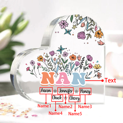 Personalised Heart-Shaped Acrylic Plaque with Custom 5 Names Floral Design - Gift for Nan | Jessmade