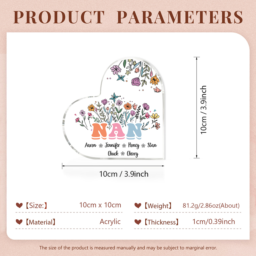 Personalised Heart-Shaped Acrylic Plaque with Custom 6 Names Floral Design - Gift for Nan | Jessmade