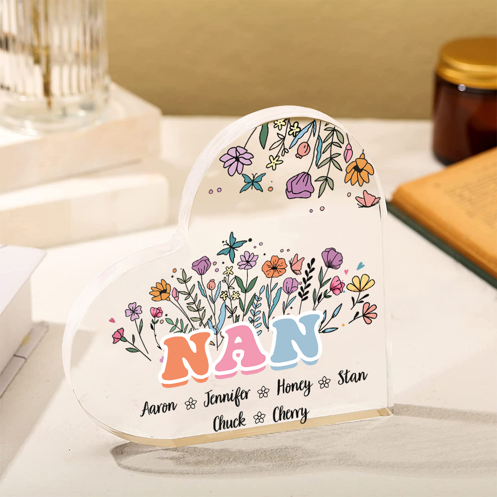 Personalised Heart-Shaped Acrylic Plaque with Custom 6 Names Floral Design - Gift for Nan | Jessmade
