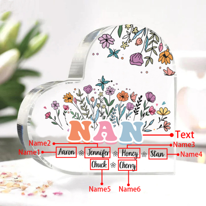 Personalised Heart-Shaped Acrylic Plaque with Custom 6 Names Floral Design - Gift for Nan | Jessmade