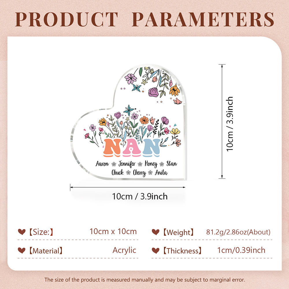 Personalised Heart-Shaped Acrylic Plaque with Custom 7 Names Floral Design - Gift for Nan | Jessmade