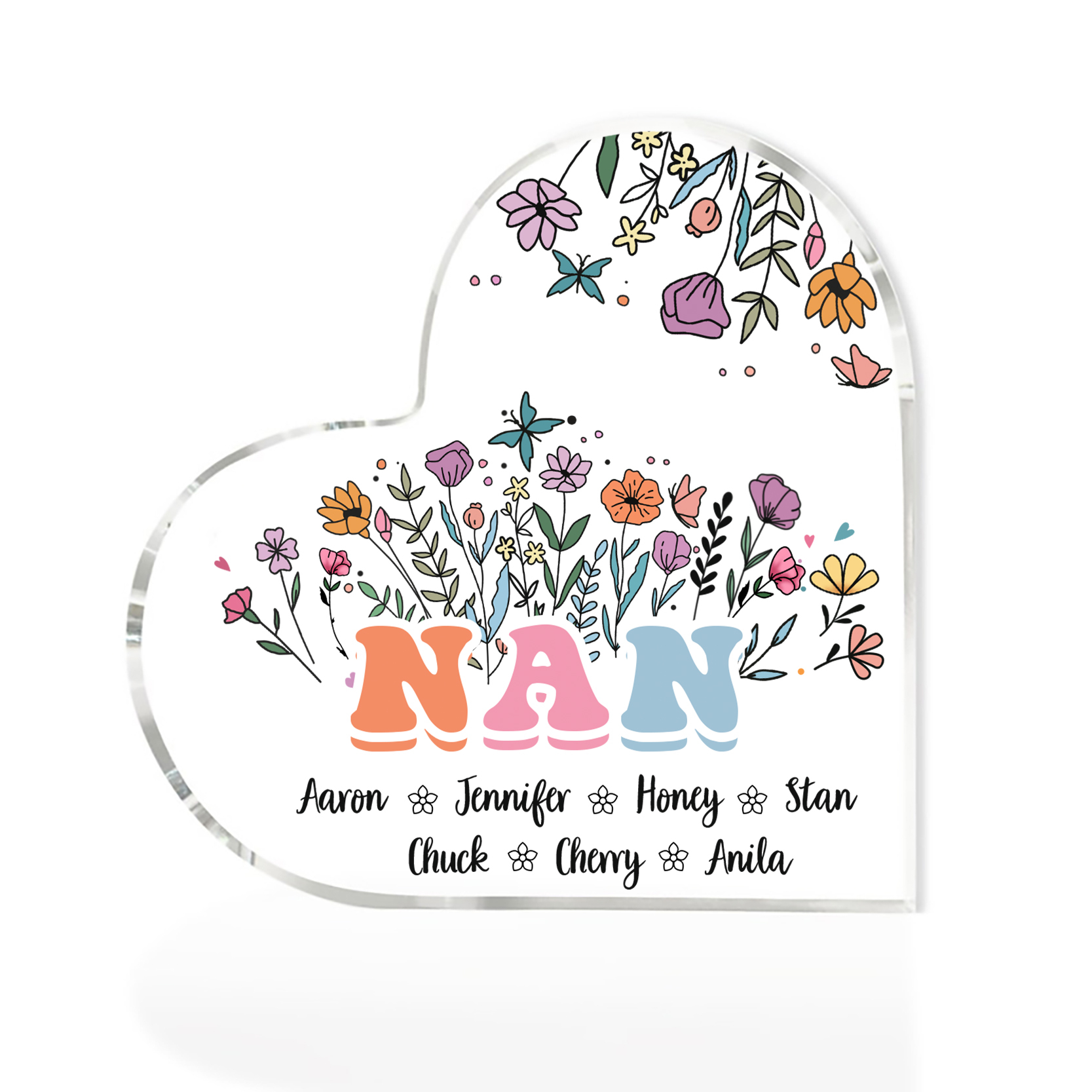 Personalised Heart-Shaped Acrylic Plaque with Custom 7 Names Floral Design - Gift for Nan | Jessmade