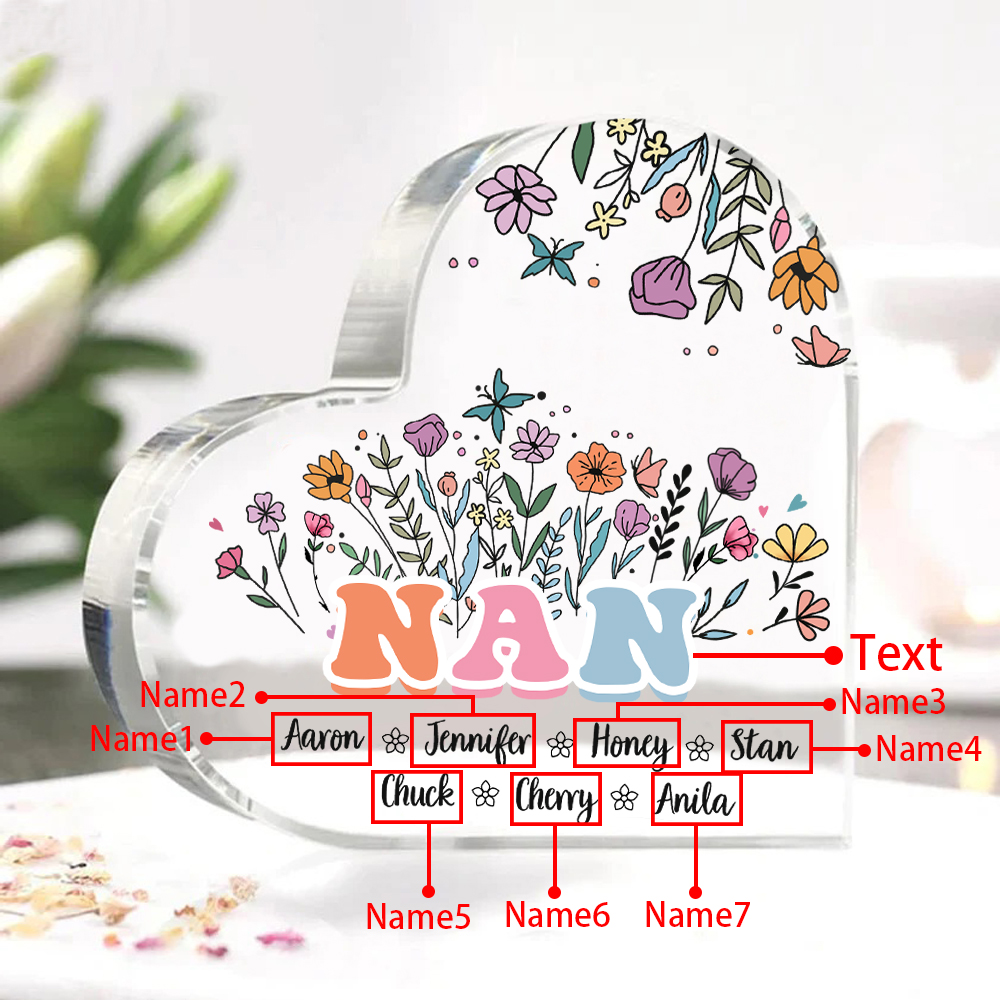 Personalised Heart-Shaped Acrylic Plaque with Custom 7 Names Floral Design - Gift for Nan | Jessmade