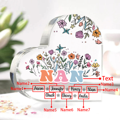 Personalised Heart-Shaped Acrylic Plaque with Custom 7 Names Floral Design - Gift for Nan | Jessmade