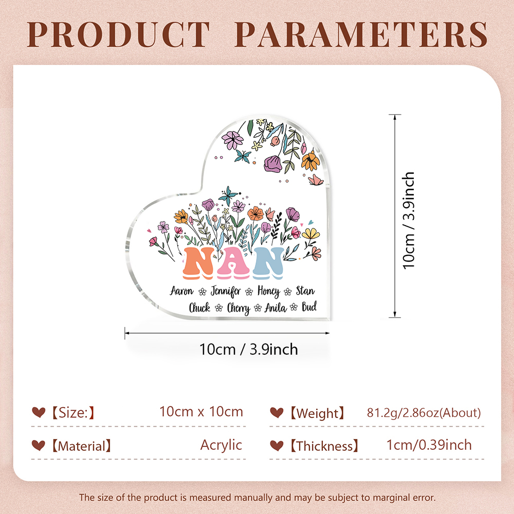 Personalised Heart-Shaped Acrylic Plaque with Custom 8 Names Floral Design - Gift for Nan | Jessmade