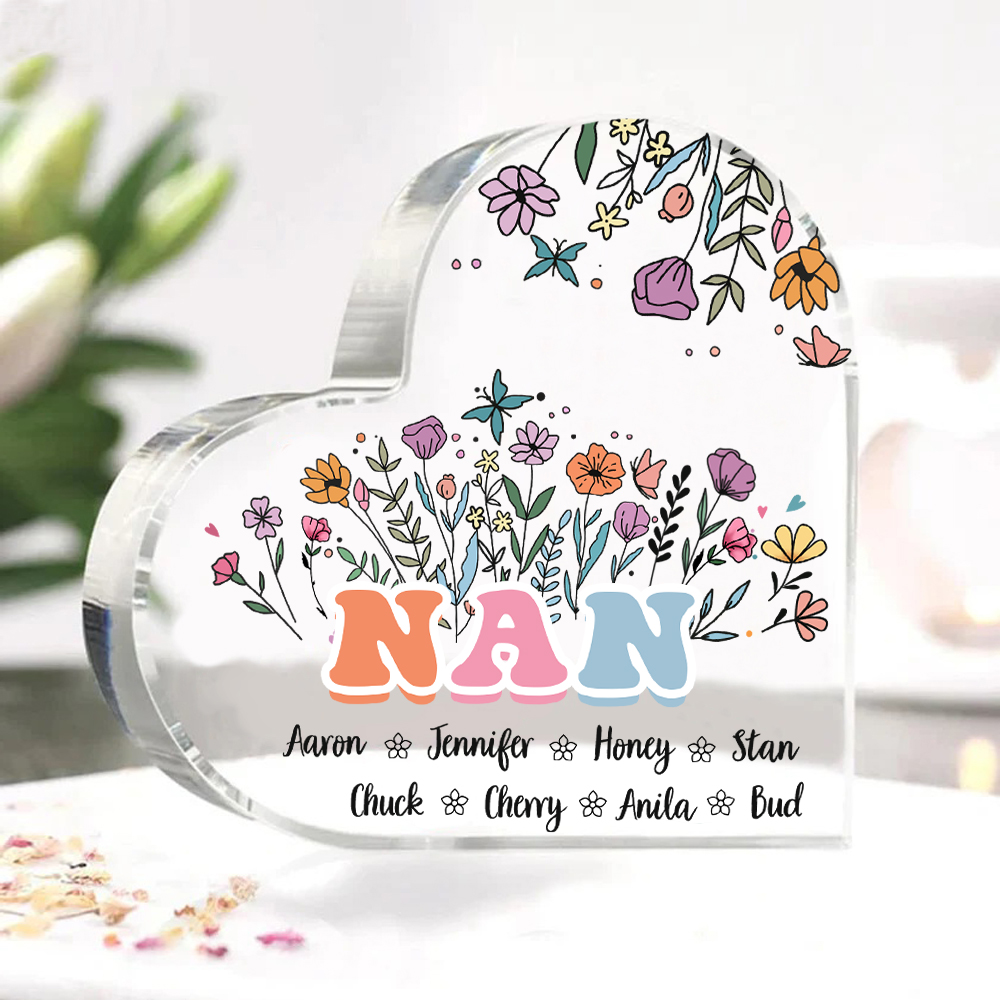 Personalised Heart-Shaped Acrylic Plaque with Custom 8 Names Floral Design - Gift for Nan | Jessmade