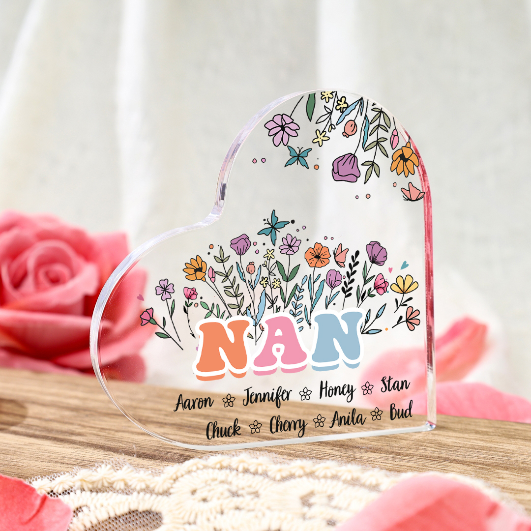 Personalised Heart-Shaped Acrylic Plaque with Custom 8 Names Floral Design - Gift for Nan | Jessmade