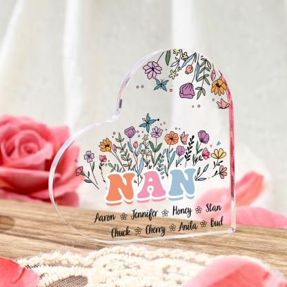 Personalised Heart-Shaped Acrylic Plaque with Custom 8 Names Floral Design - Gift for Nan | Jessmade