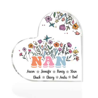 Personalised Heart-Shaped Acrylic Plaque with Custom 8 Names Floral Design - Gift for Nan | Jessmade